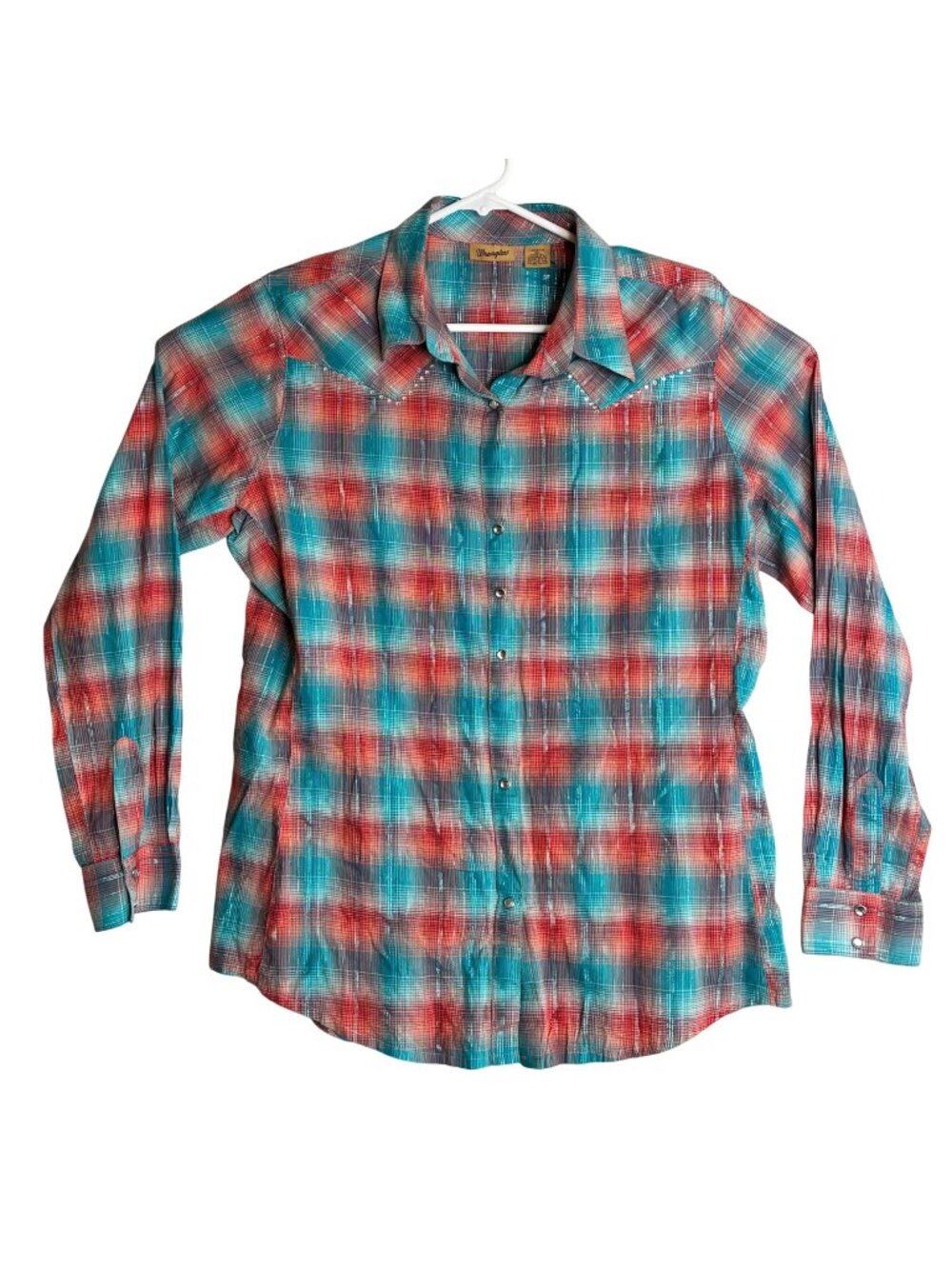 Wrangler Womens XL Plaid Western Shirt Red & Teal Metallic Snap Button Down